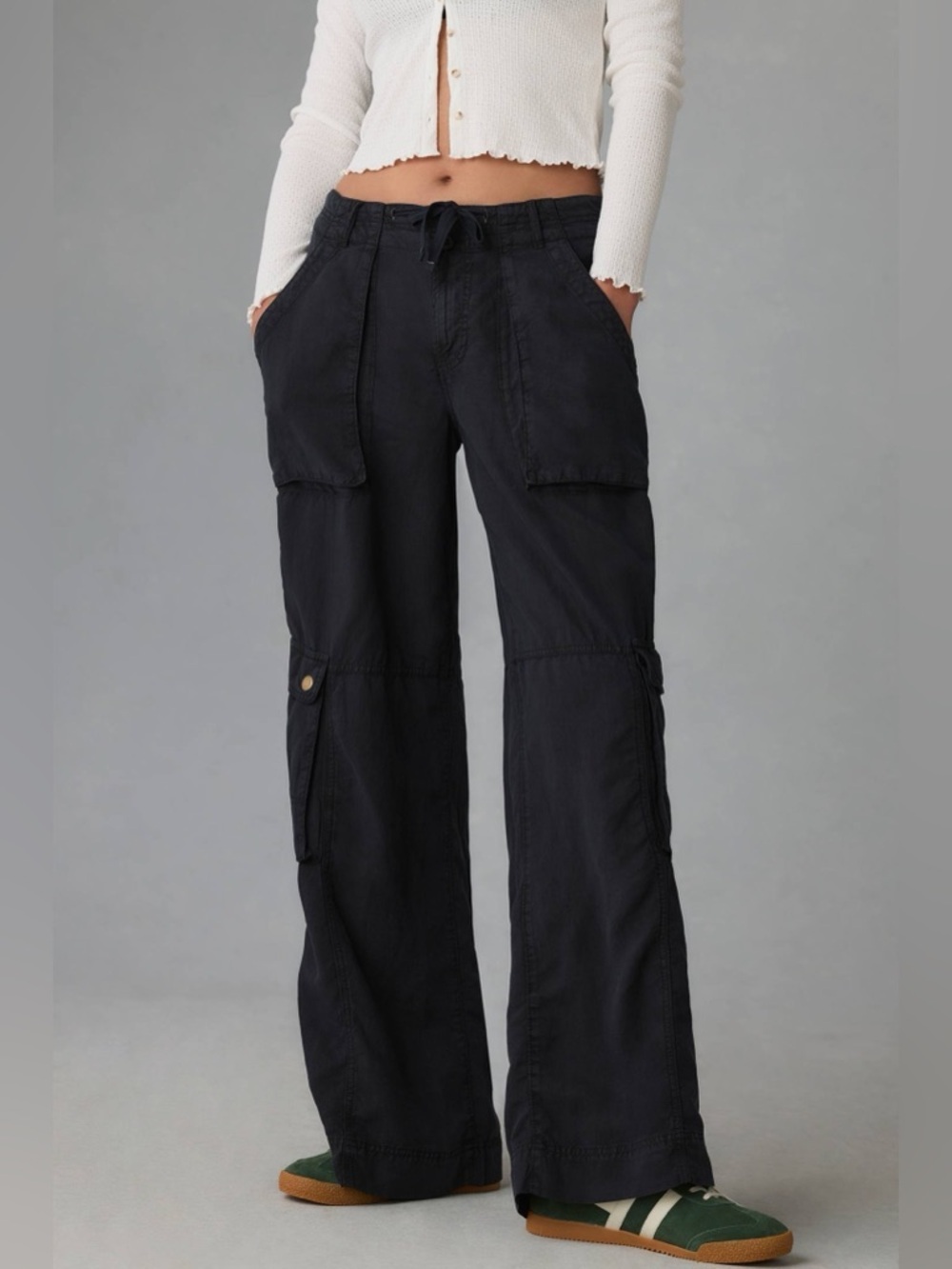 Anthropologie Pilcro Navy Wide Leg Cargo Pants Linen Lyocell Size 4